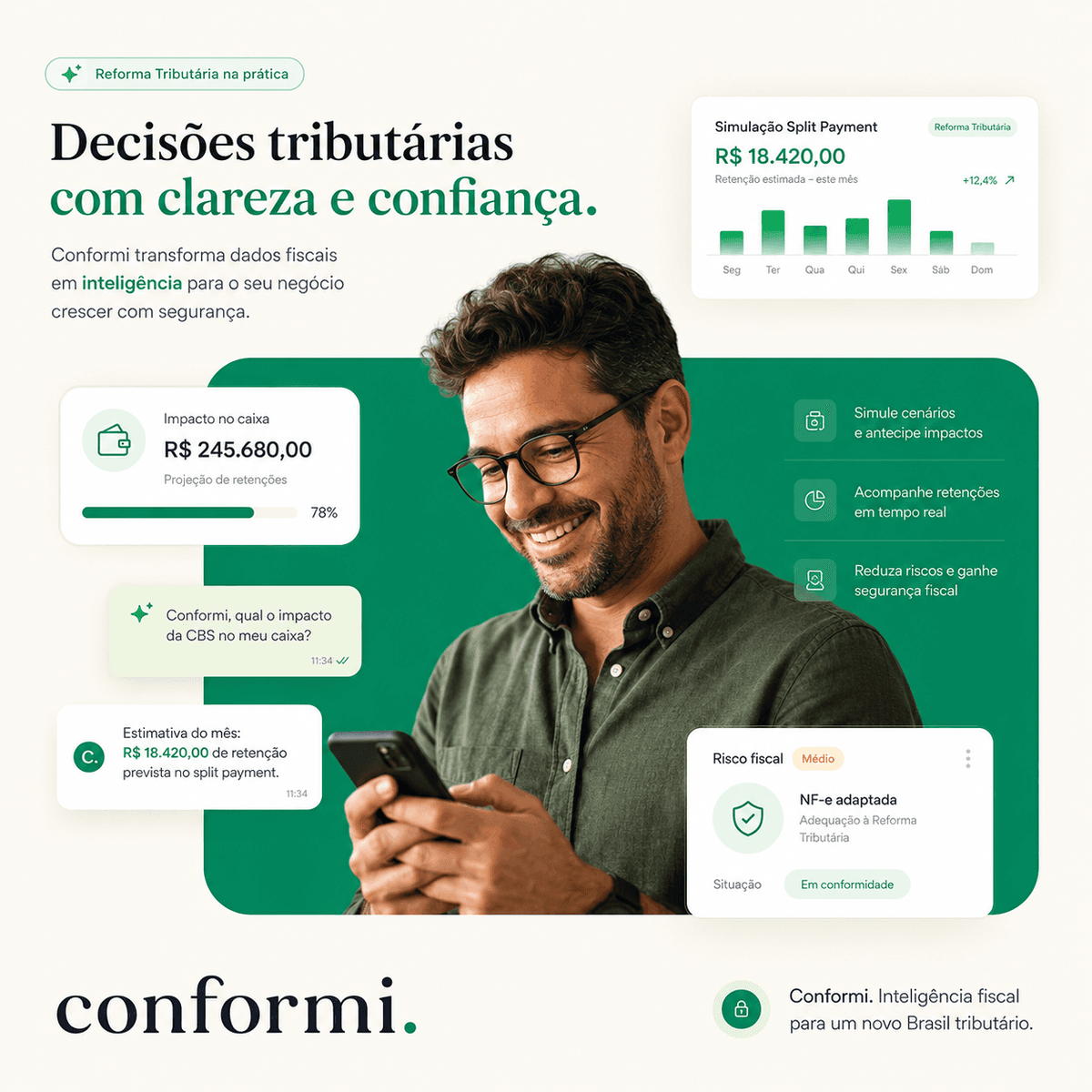 Empresário tomando decisões tributárias com clareza usando o Conformi