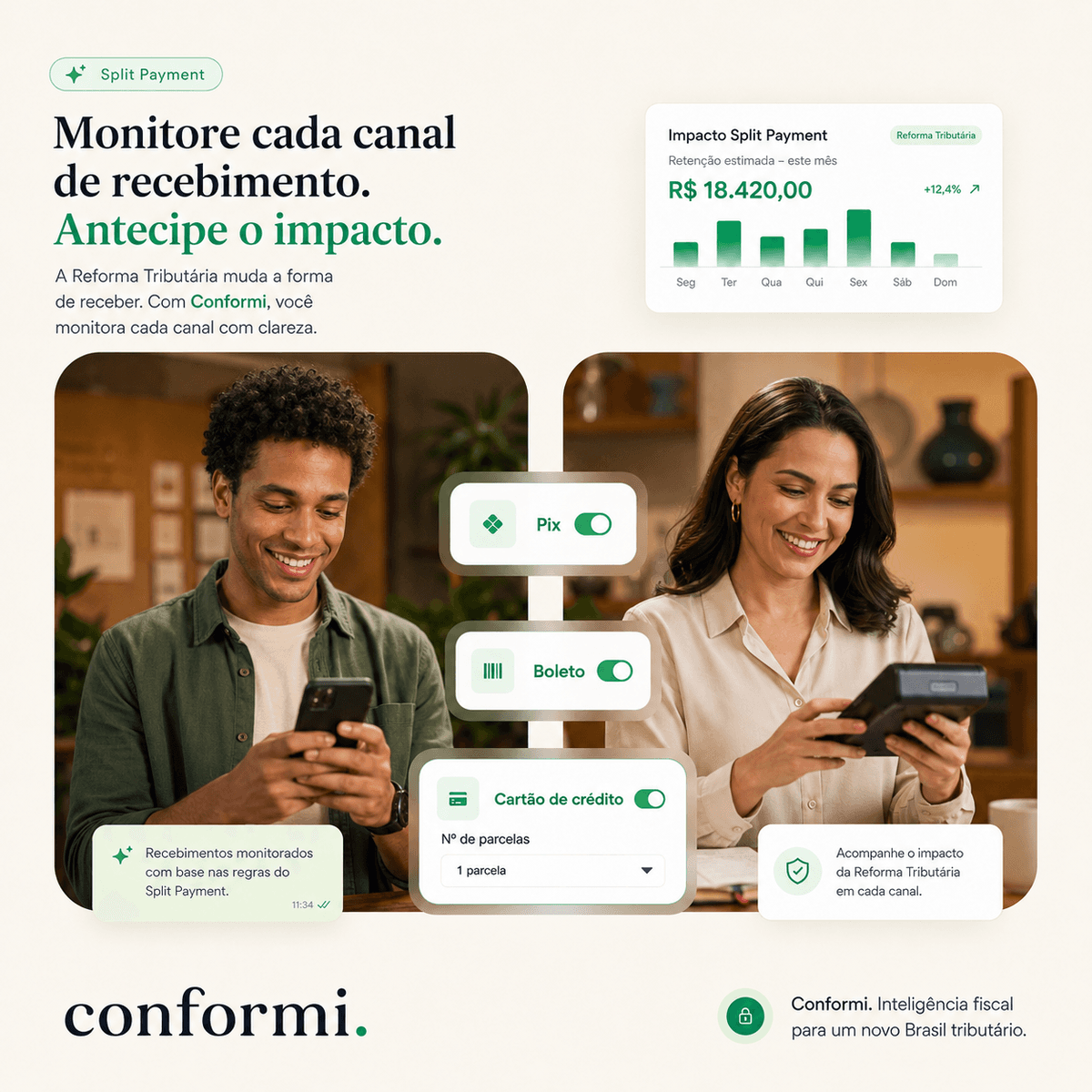 Simulador de Split Payment mostrando impacto por canal de recebimento